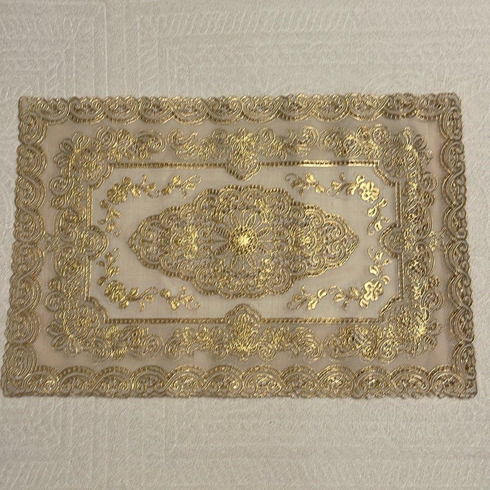 Vintage 5 Pc. White with Gold Embossed Vinyl Lace Placemats
